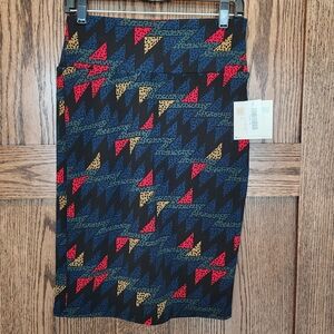 LuLaRoe Black Pencil Skirt with Red, Blue & Gold Geometric Print